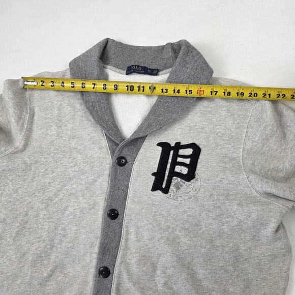 Polo Ralph Lauren Sweater mens XL Gray Shawl Collar Cardigan Varsity P Patch - Picture 7 of 9